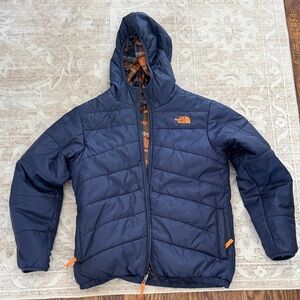 The North Face Dark Reversible Blue Hooded Jacket with Orange Details